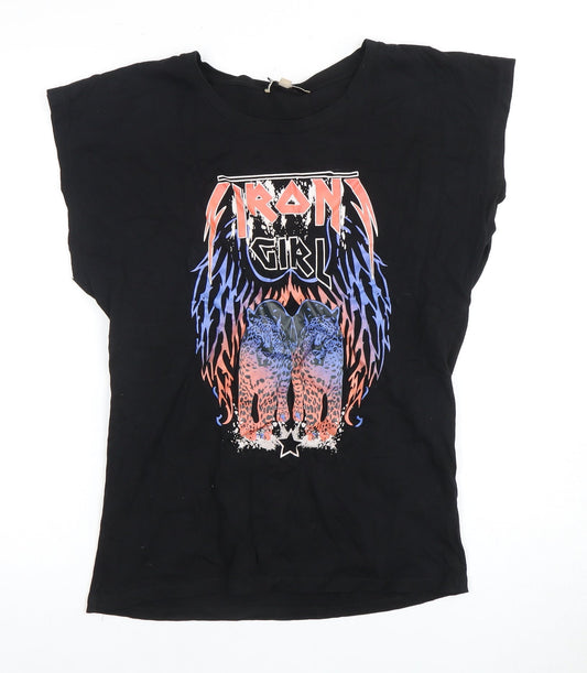 Ruka Women's Black Cotton Rock Graphic T-Shirt - Size S