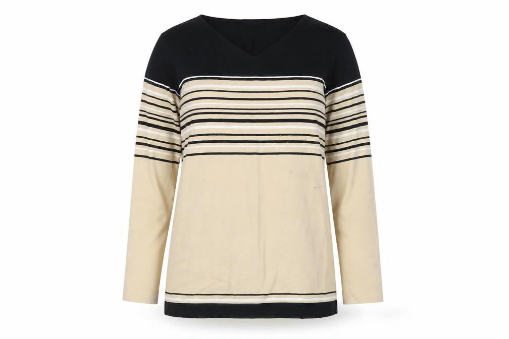 Liz Claiborne Women's Beige Black Striped V-Neck T-Shirt M