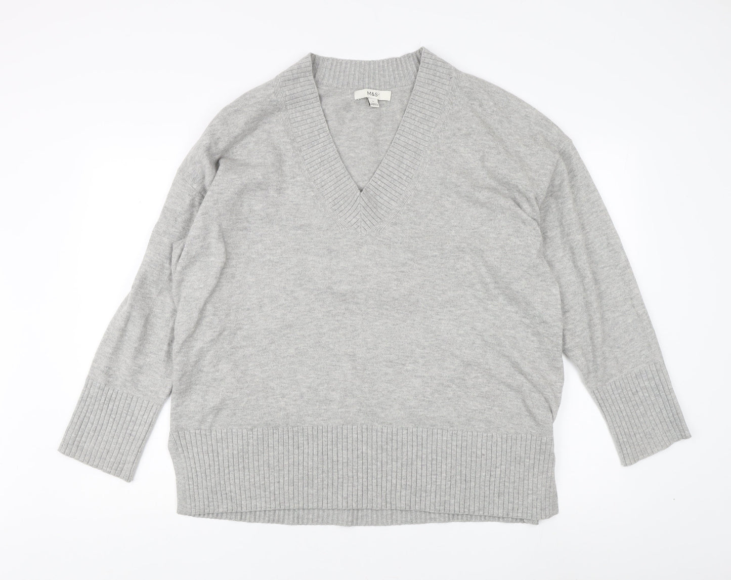 Marks and Spencer Women's Grey V-Neck Knit Jumper - L