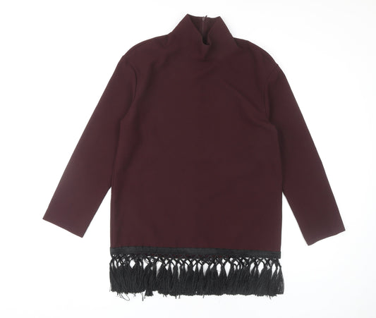 Zara Women's Red Fringe Blouse High Neck Size 12