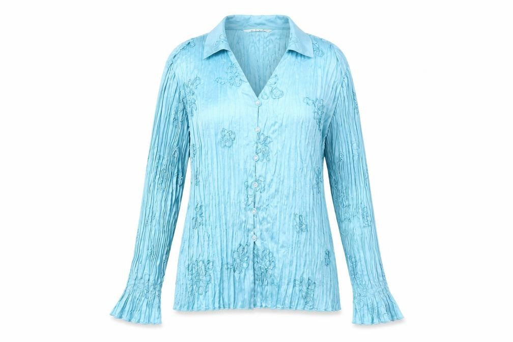 Elvi Women's Blue Long Sleeve Embroidered Blouse