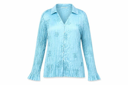 ELVI Women's Blue Long Sleeve Embroidered Blouse