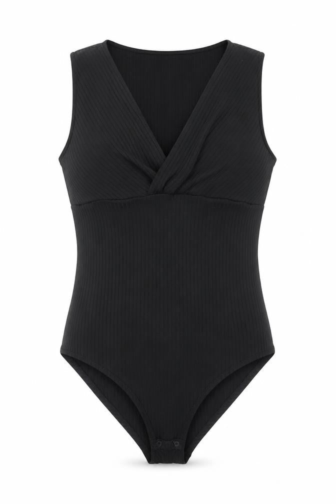 H&M Women's Black Bodysuit, Size L, V-Neck, Casual