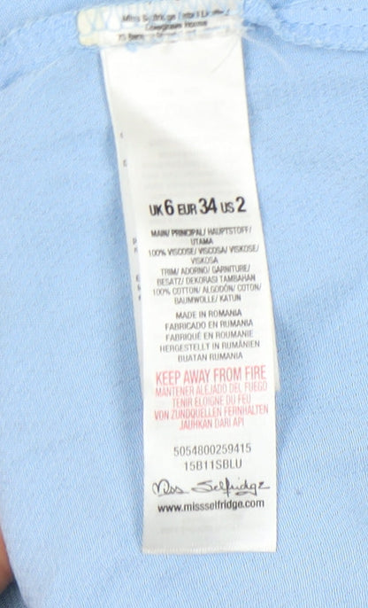 Brand and care label for Miss Selfridge Women's Blue V-Neck Short Sleeve Top