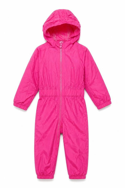 Front view of Trespass girls’ pink snowsuit, size 18-24, months, waterproof