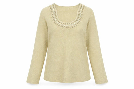 Cable & Gauge Women's Beige Studded Pullover Jumper L