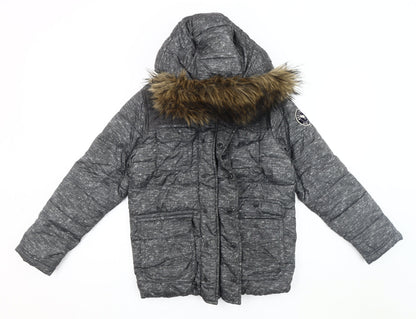 Front view of Abercrombie & Fitch boys’ grey puffer jacket 11-12 years winter hooded