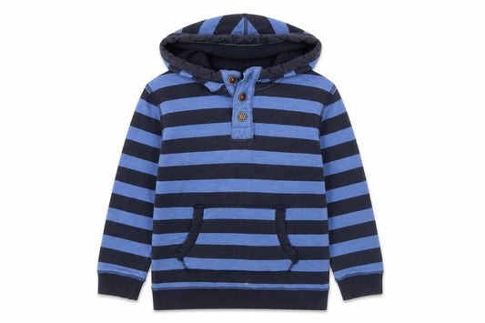 Front view of FatFace boys’ blue striped henley hoodie 10-11 years