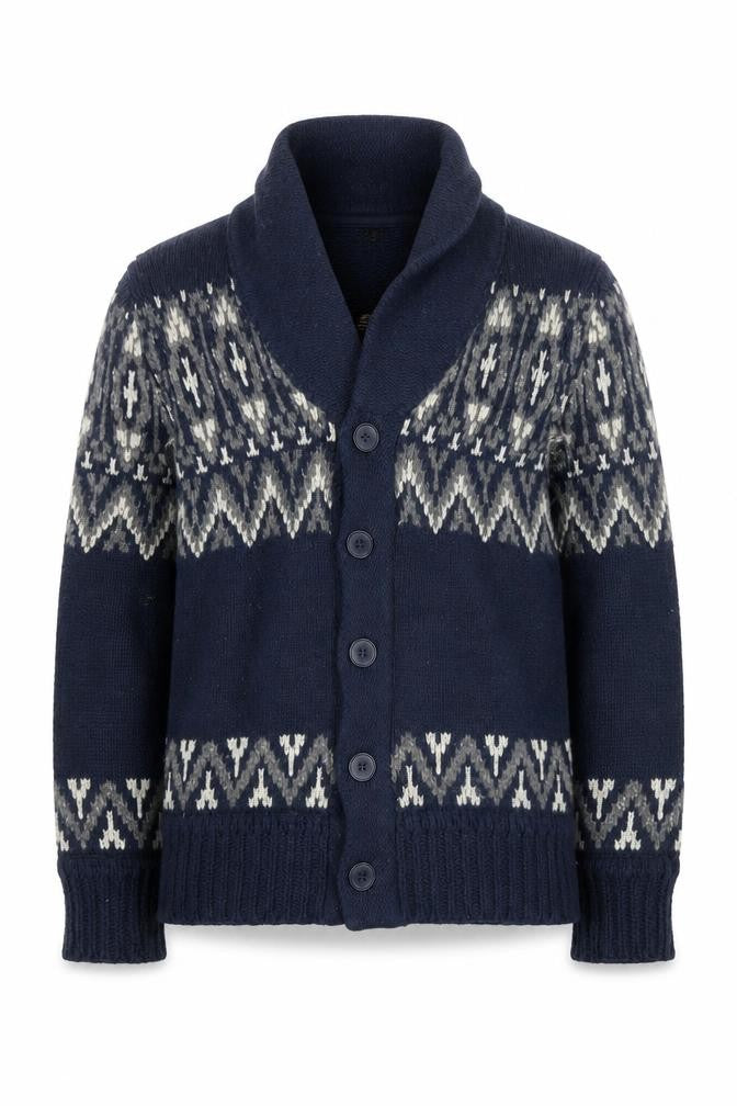 H&M Men's Blue Cardigan, Size M, Fair Isle Pattern