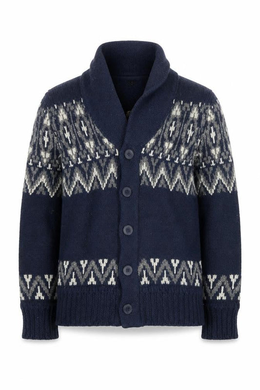 H&M Men's Blue Cardigan, Size M, Fair Isle Pattern