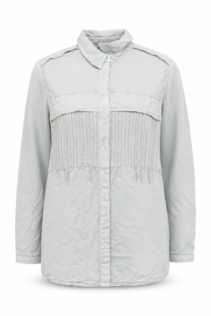 Zara Women's Green Beaded Long Sleeve Button-Up Shirt