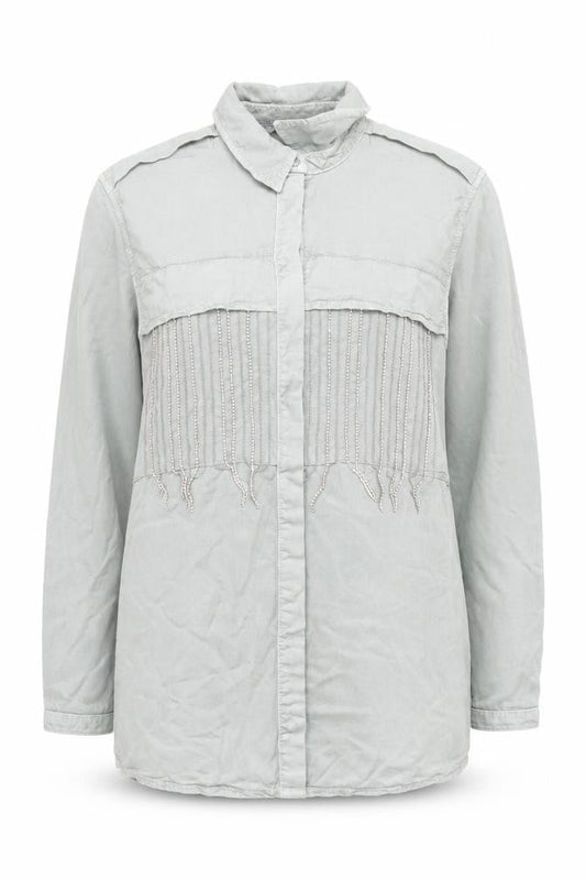 Zara Women's Green Beaded Long Sleeve Button-Up Shirt