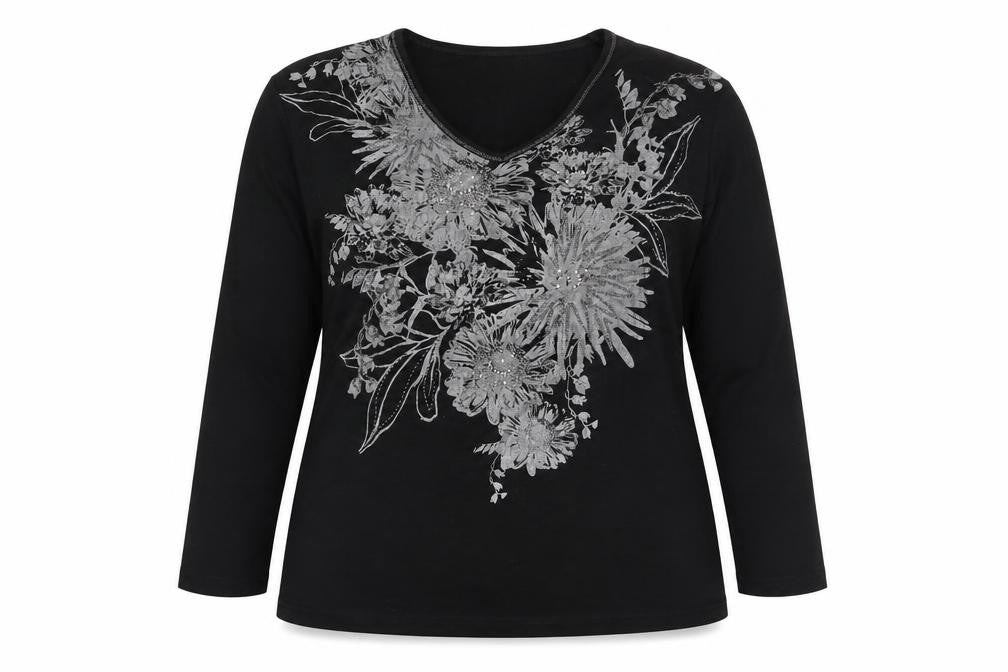 Goléhaug Women's Black Embroidered Floral Top Size 14