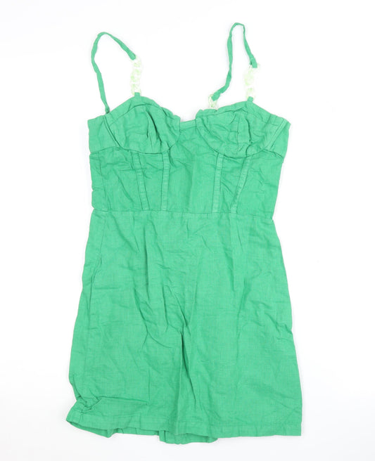 Zara Green Linen-Cotton Short Dress, Size 8, Summer