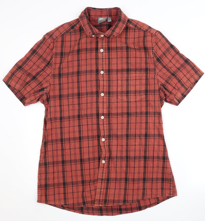 Additional front view of Asos Men's Red Plaid Short Sleeve Collared Shirt L