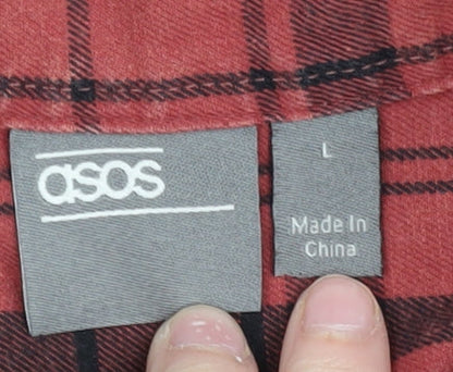 Brand and care label for Asos Men's Red Plaid Short Sleeve Collared Shirt L