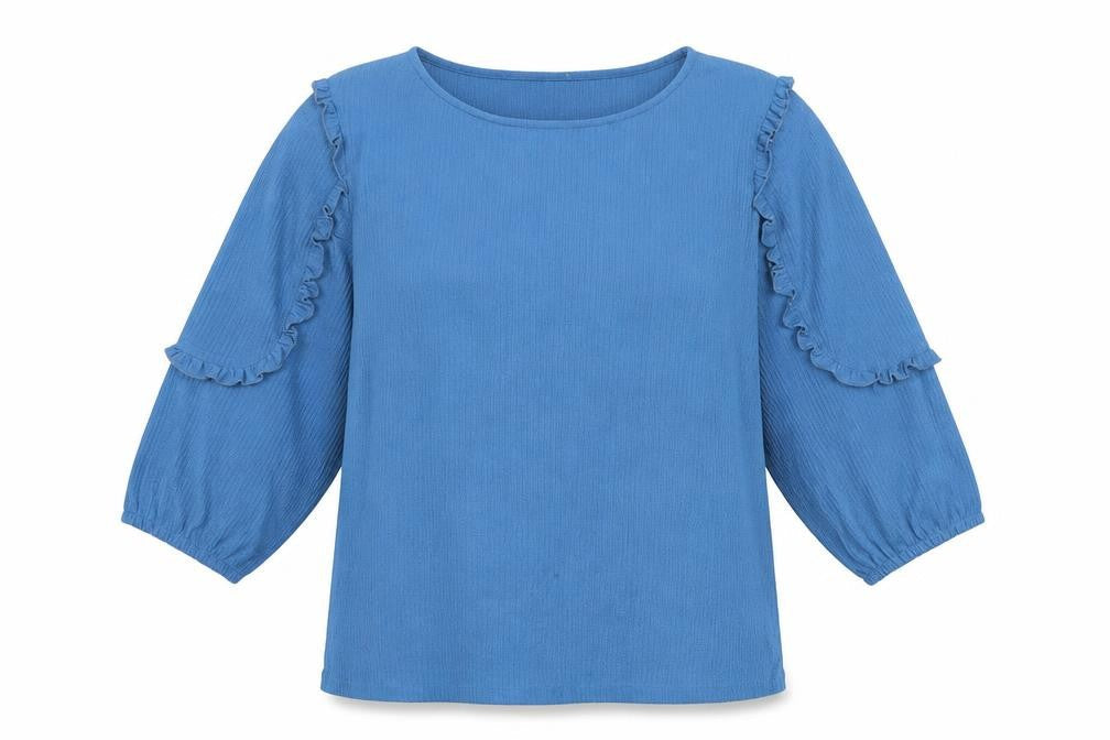 Damart Women's Blue Knit Top, XL, Ruffle Accent