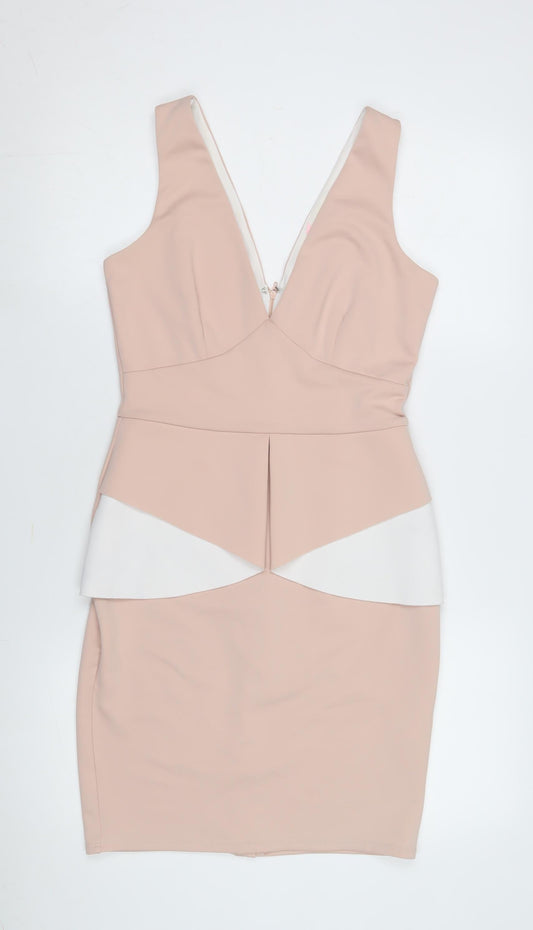 Lipsy Women's Beige Bodycon Dress Size 10 Party V-Neck