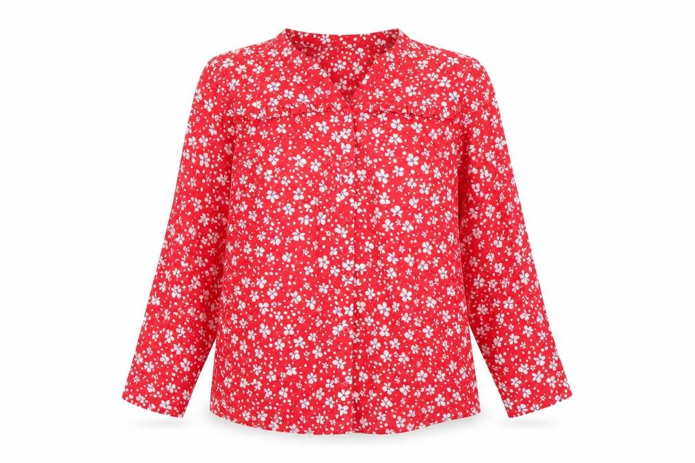 Damart Women's Red Floral Blouse - Size 12 Long Sleeve