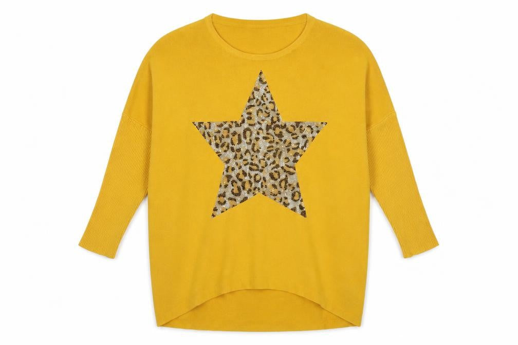 Moewy Women's Yellow Leopard Star Pullover One Size