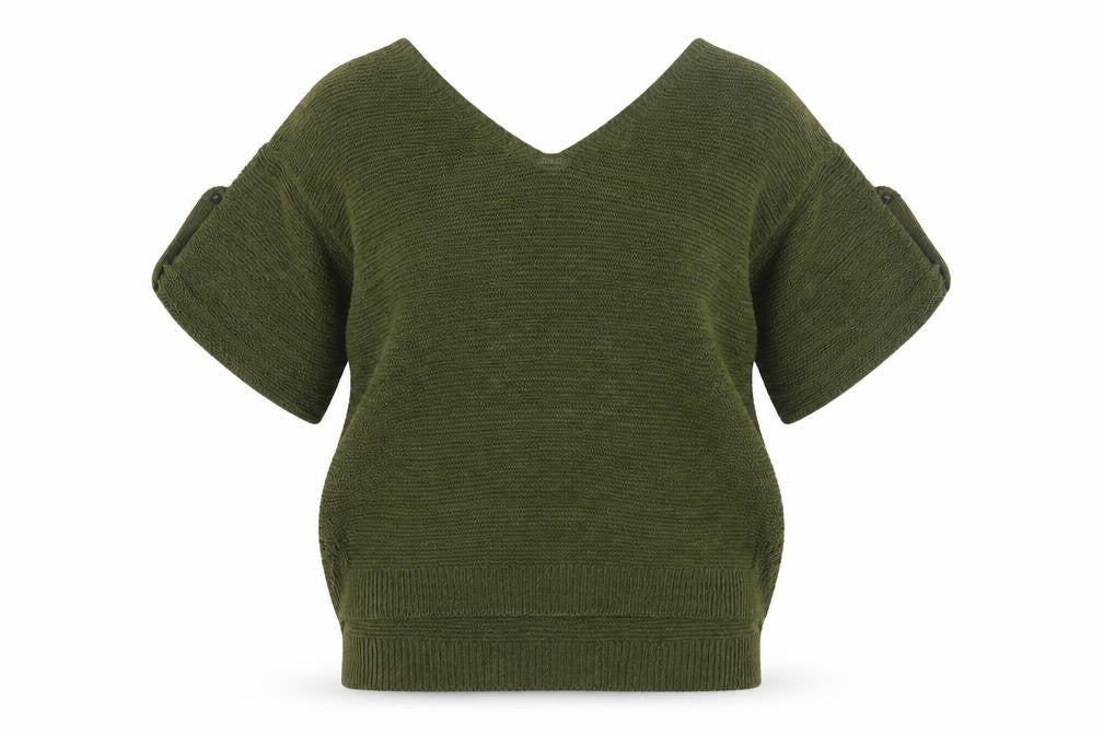 UTERQUE Women's Green V-Neck Short Sleeve Jumper L