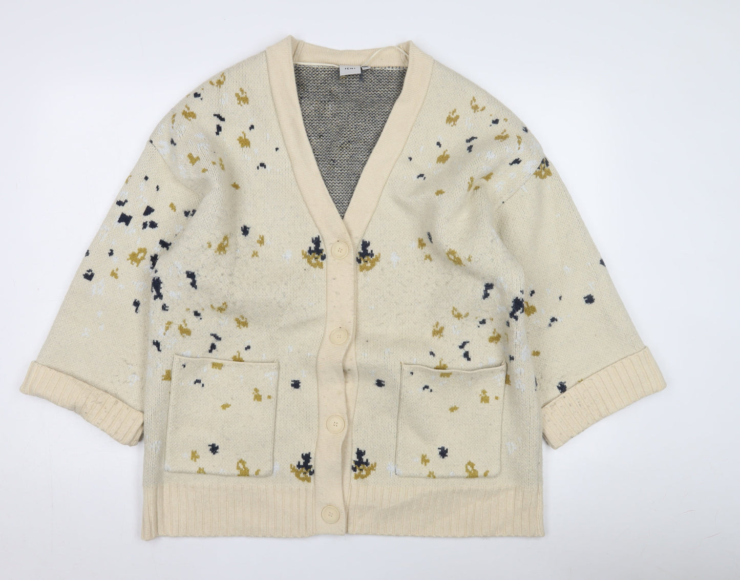 ICHI Women's Beige Cardigan, M, V-Neck, 3/4 Sleeve