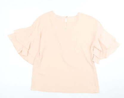 Back view of Roman Women's Pink Flutter Sleeve Top, size 10