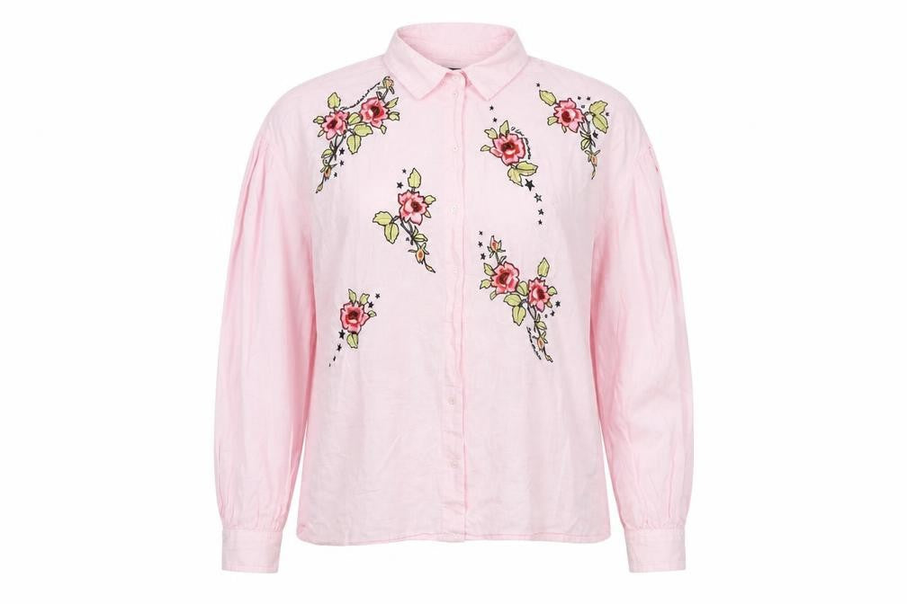 Topshop Women's Pink Embroidered Button-Up Shirt