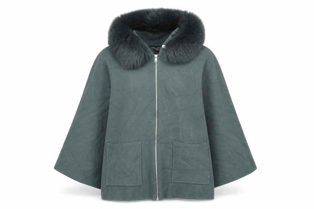 Maveic Women's Green Cape Jumper with Fur Trim, M