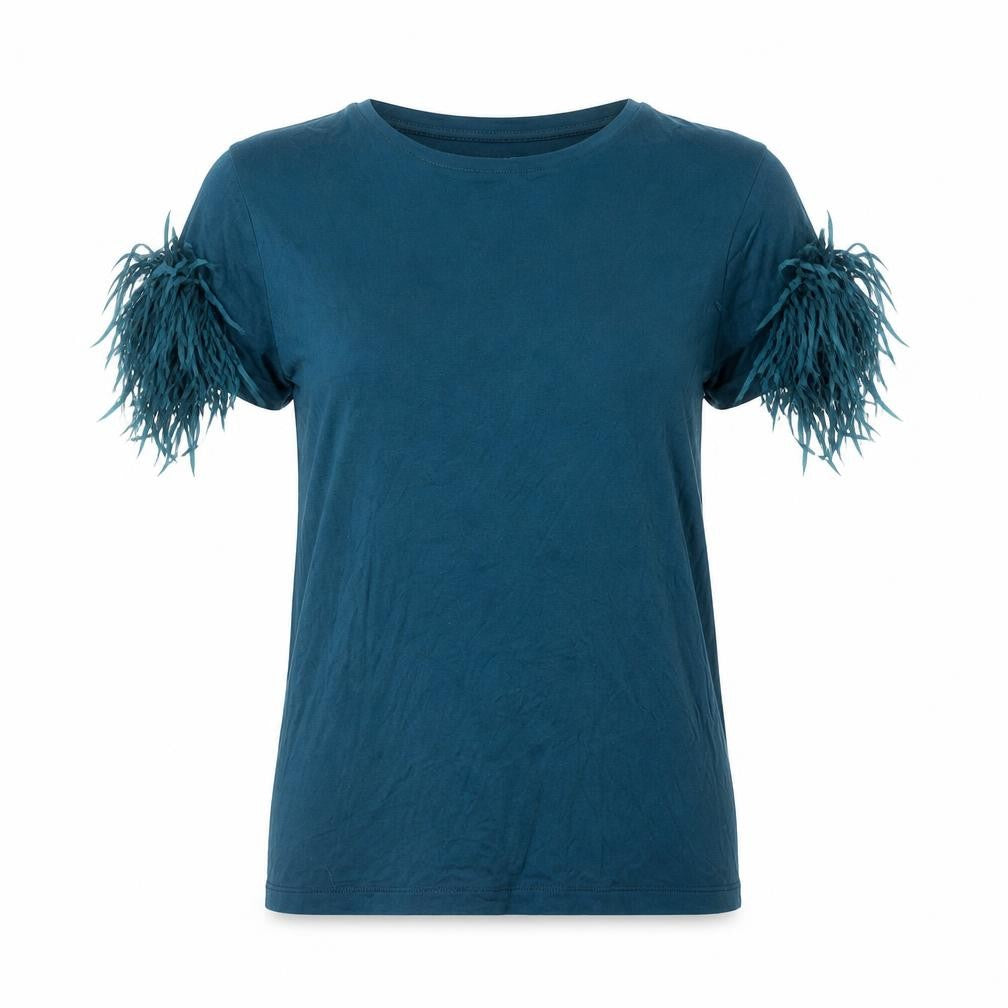Oliver Bonas Women's Blue Fringe Flare Sleeve T-Shirt