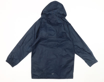 Back view of Regatta boys’ blue windbreaker jacket, hooded, size 9-10