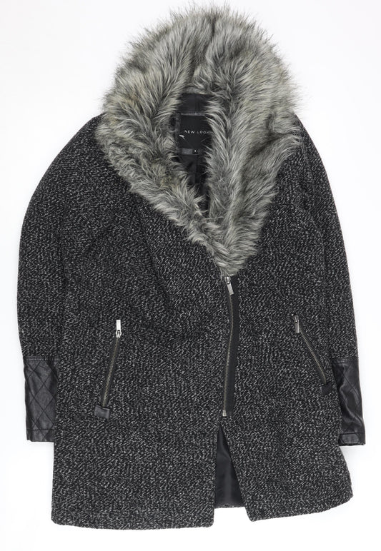 New Look Women's Black Faux Fur Trim Coat Size 8