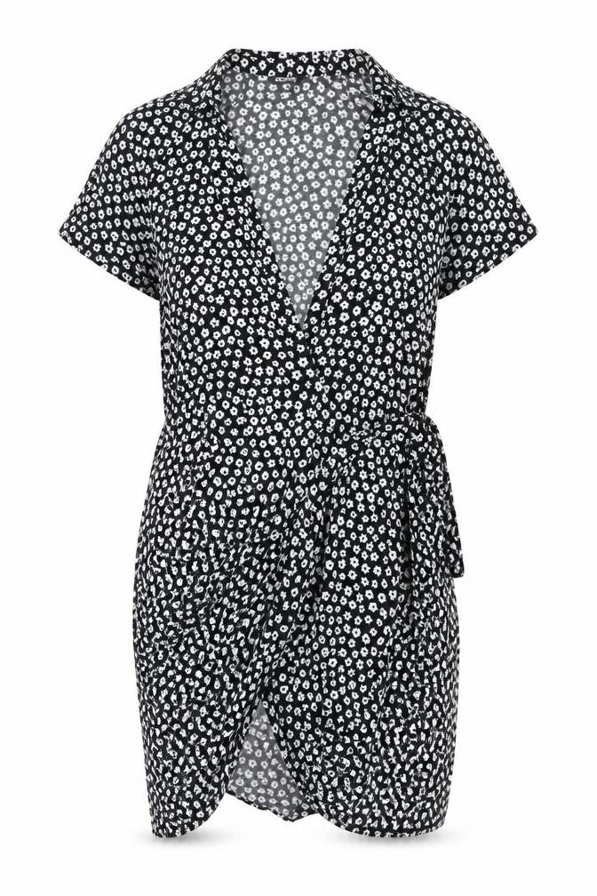 Monki Women's Black Floral Wrap V-Neck Top XS