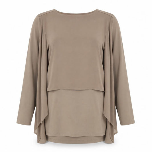 Front view of Wynne Layers Beige Long Sleeve Tunic Blouse - Medium