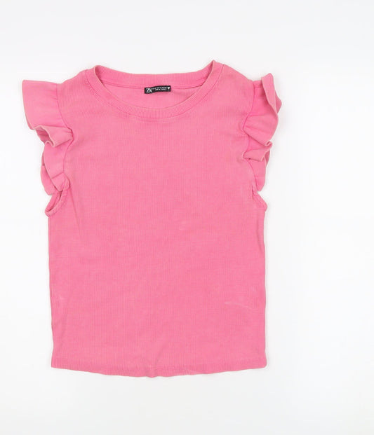 Zara Women's Pink Ruffle Sleeveless T-Shirt M