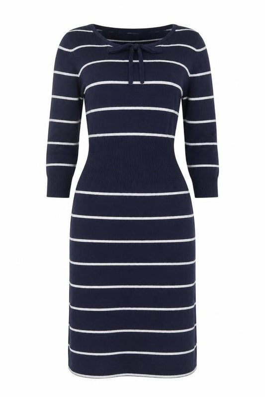 Jackpot Women's Blue Sheath Dress, S, Striped, 3/4 Sleeve