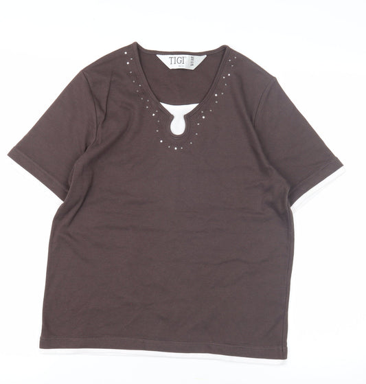 TIGI Women's Brown Studded T-Shirt Size 10 Casual