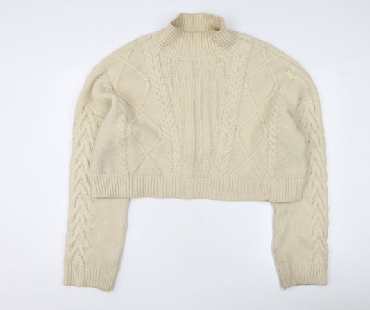 Reclaimed Vintage Women's Ivory Cable-Knit Mock Neck Cropped Jumper