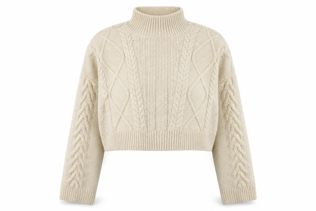 Reclaimed Vintage Women's Ivory Cable-Knit Mock Neck Cropped Jumper