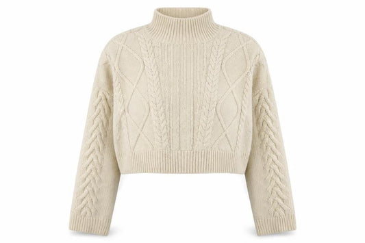 Reclaimed Vintage Women's Ivory Cable-Knit Mock Neck Cropped Jumper