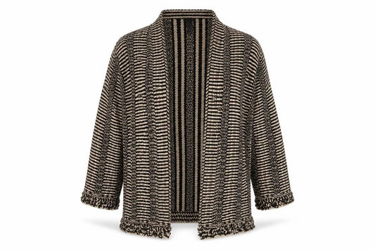 Marc Cain Women's Beige Black Open Front Cardigan, Size 14, Open Striped Style