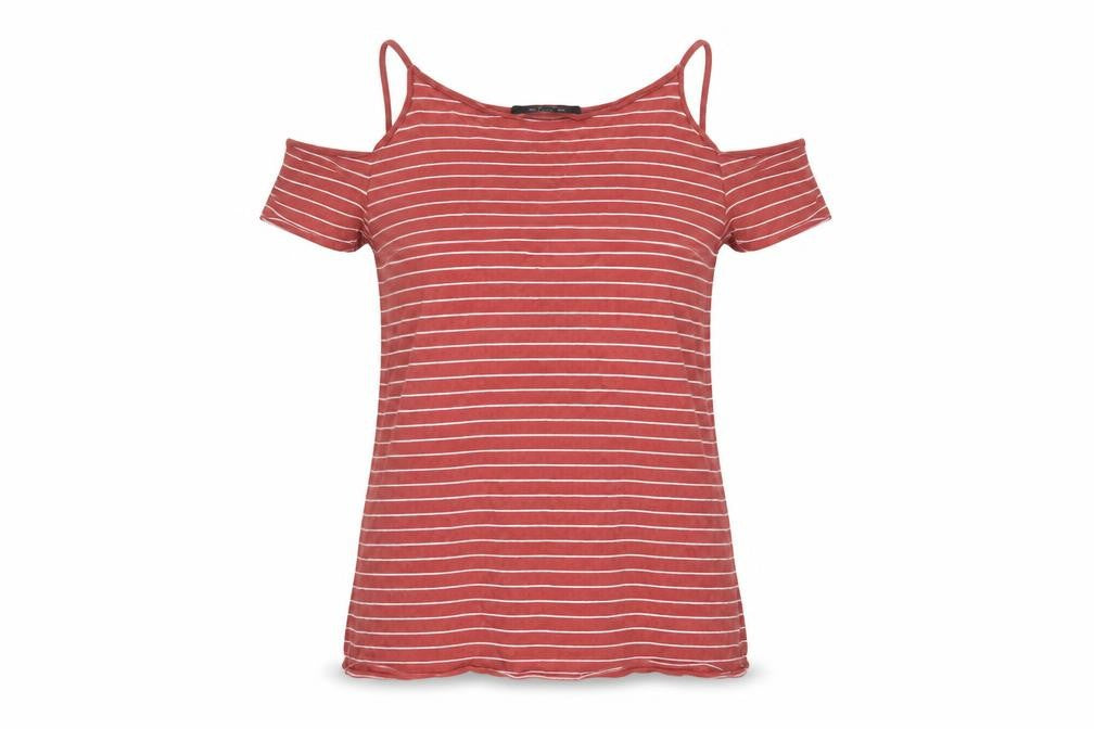 AllSaints Women's XS Red Striped Cold Shoulder Top