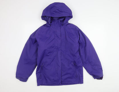 Additional front view of Higear girls’' purple rain coat, 11-12 years, hooded, lined