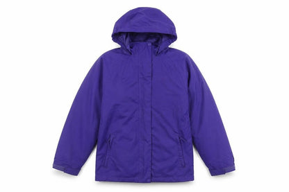 Front view of Higear girls’' purple rain coat, 11-12 years, hooded, lined