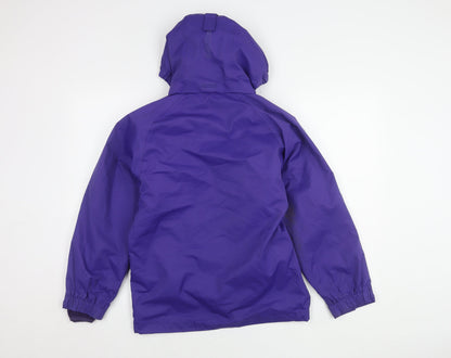Back view of Higear girls’' purple rain coat, 11-12 years, hooded, lined