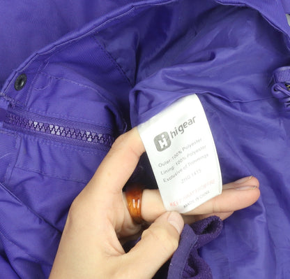 Brand and care label for Higear girls’' purple rain coat, 11-12 years, hooded, lined