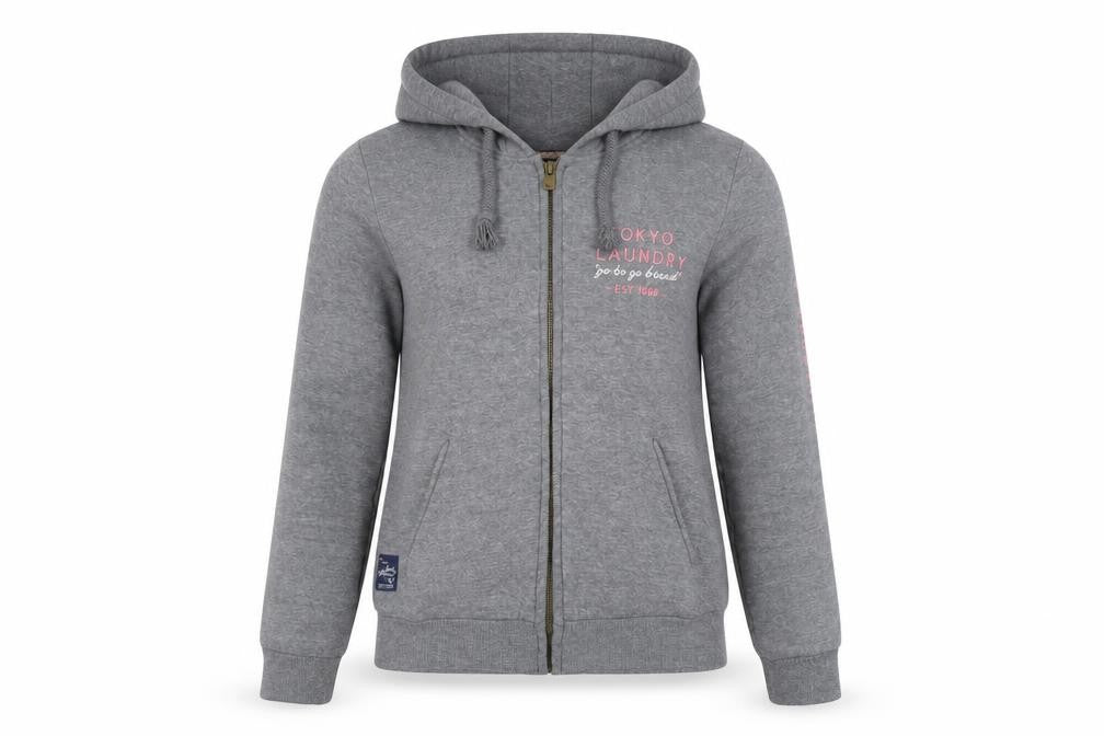 Tokyo Laundry Women's Grey Full Zip Hoodie, S, Logo Accent