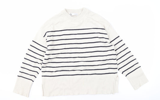 Zara Women's White Striped Pullover Jumper S