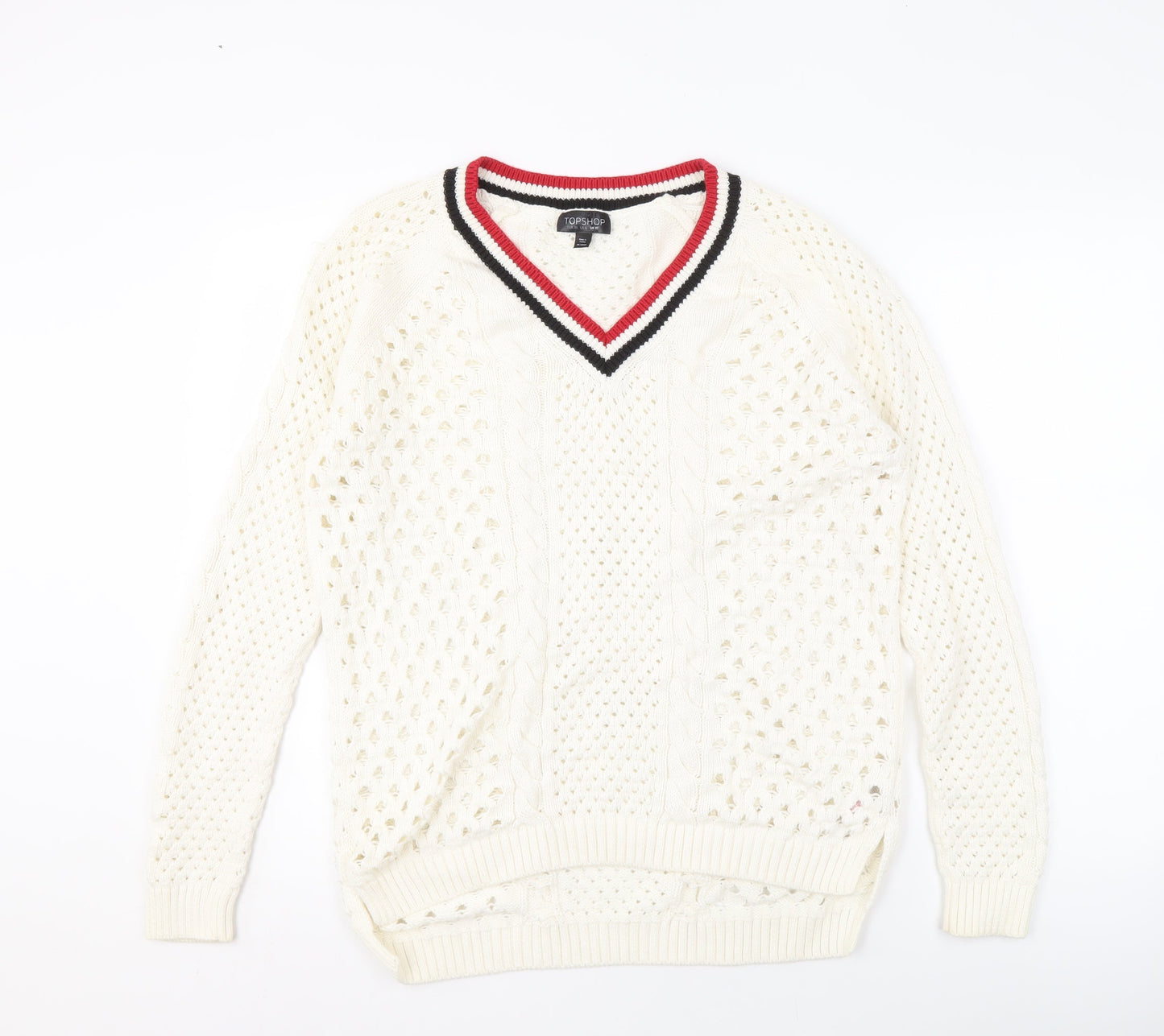 Topshop Ivory Cable-Knit V-Neck Women's Jumper Size 10