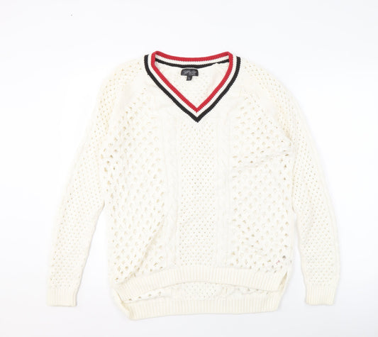Topshop Ivory Cable-Knit V-Neck Women's Jumper Size 10